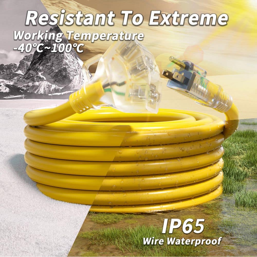 Unbranded 50 ft. 1875W 10-Gauge 1-Conductor SJTW Heavy Duty Yellow Outdoor Extension Cord with Lighted Tri-Tap and Foot Switch (3)