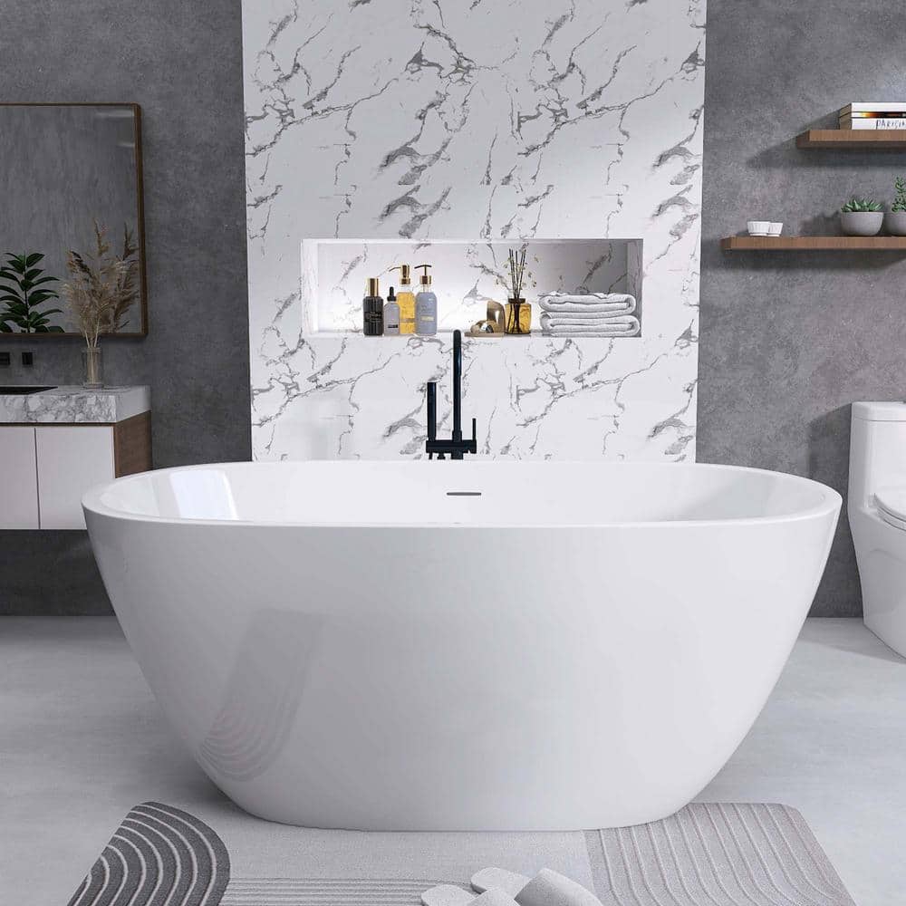 ANGELES HOME 65 in. Acrylic Flatbottom Freestanding Bathtub in White Overflow and Pop-Up Drain (1)