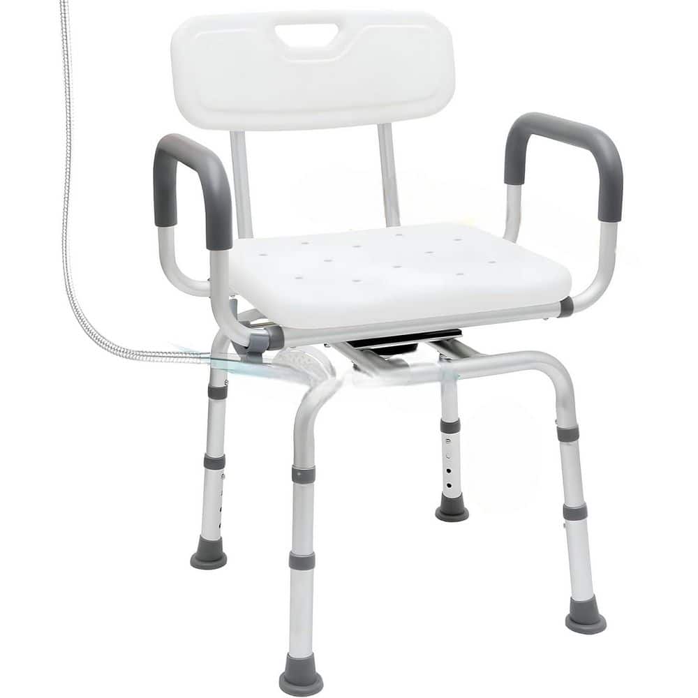Anqtovp 21.3 in. Freestanding Portable Shower Chair with Armrests, Swivel Seat, Adjustable Height in White