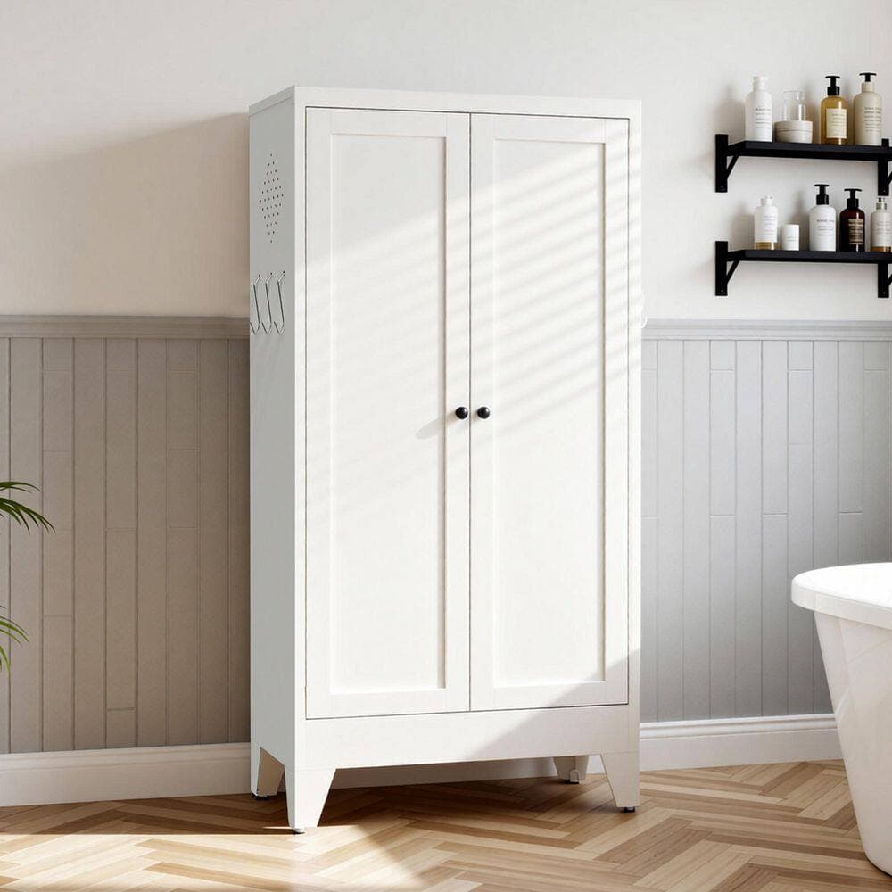 Ximuprmy 23.7 in. W x 11.9 in. D x 47.3 in. H in White Metal Freestanding Linen Cabinet with Magnetic Doors, and Anti-Tip Kit (2)