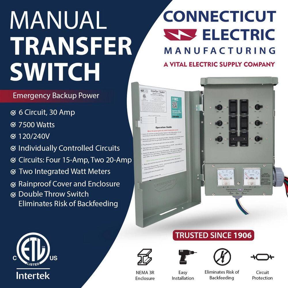Connecticut Electric 30 Amp 240-Volt 7,500-Watt Non-Fused Type G2 Manual Transfer Switch Power Extension Cord (3)