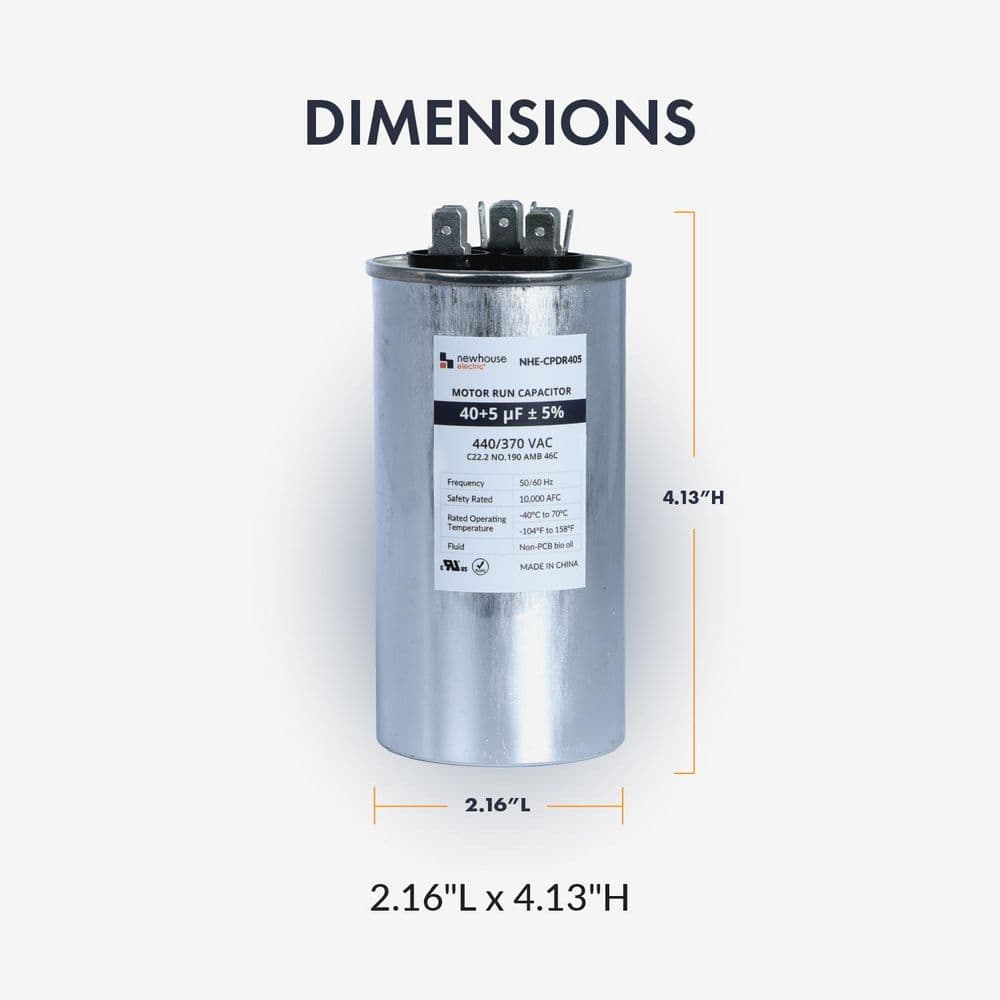 NEWHOUSE ELECTRIC Dual Run Capacitor 40/5 MFD 440/370 VAC for Air Conditioner and Heat Pump Systems, Round, Metal (3)