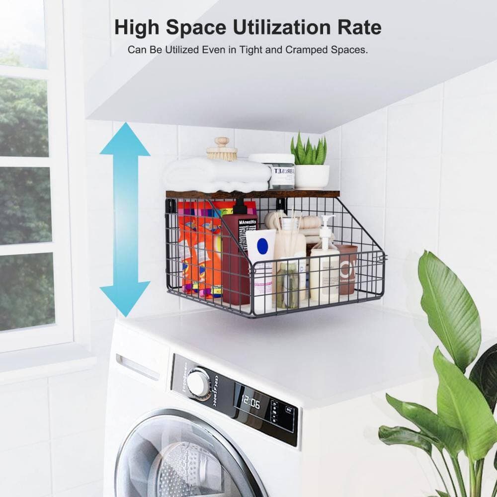 Numhew 11.8 in. W x 7.9 in. D x 8.5 in. H Wall Mounted Rectangular Metal Shelf with Storage Basket for Towels, Tissues, Brown (3)