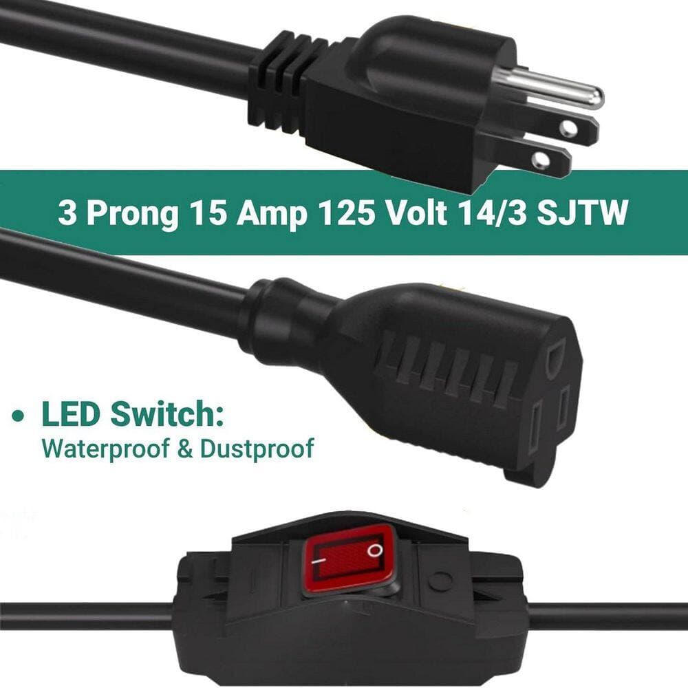 HIITIO Heavy-Duty Power Extension Cable 15 ft. 14 / 3 SJTW Outdoor Extension Cord with Waterproof On / Off Switch, Black (3)