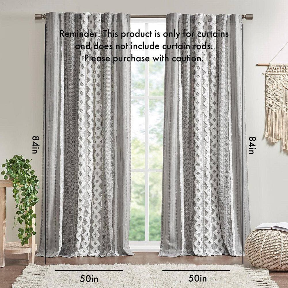 Unbranded 84 in. W x 50 in. L Cotton Printed Shower Curtain in Gray with Chenille Stripe and Lining for Living Room, Bedroom (2)