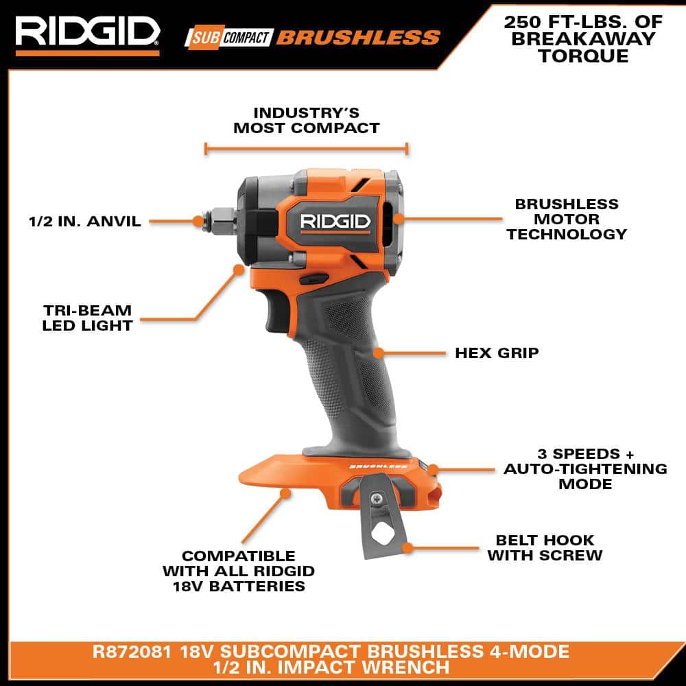 RIDGID 18V SubCompact Brushless Cordless 3/8 in. Impact Wrench and 18V SubCompact Brushless 1/2 in. Impact Wrench (Tools Only) (3)