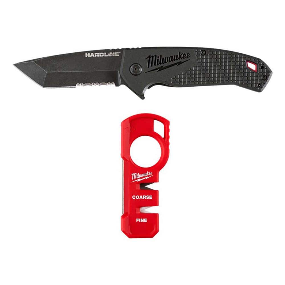 Milwaukee Hardline D2 Steel Serrated Blade Pocket Folding Knife with Compact Jobsite Knife Sharpener (2-Piece)