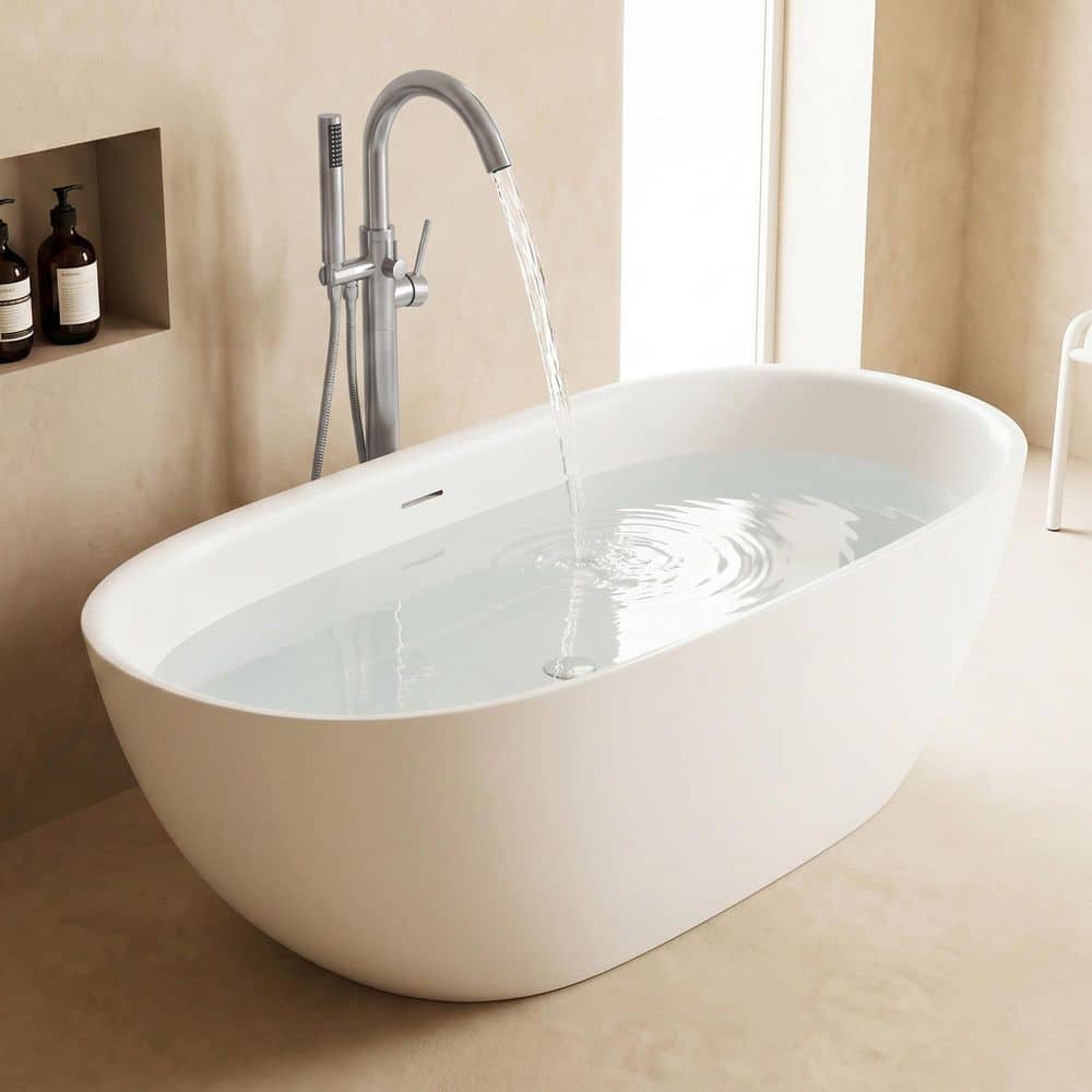 ANZZI Ami 59 in. x 30 in. Freestanding Soaking Bathtub in White with Center Drain & 2-Handle Nickel Freestanding Tub Faucet (2)