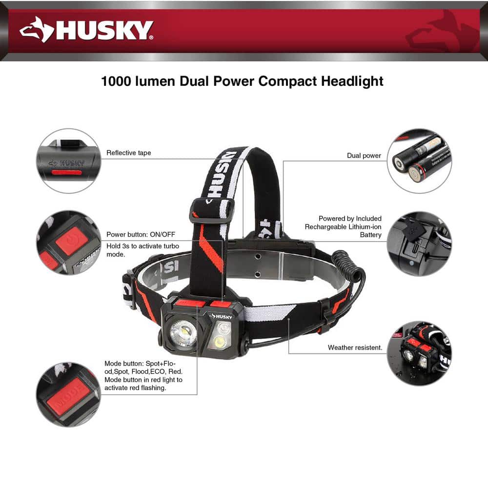 Husky 1000 Lumens Dual Power Aluminum Headlight 3.7-Volt 4600 mAh Rechargeable Replacement Battery (2)