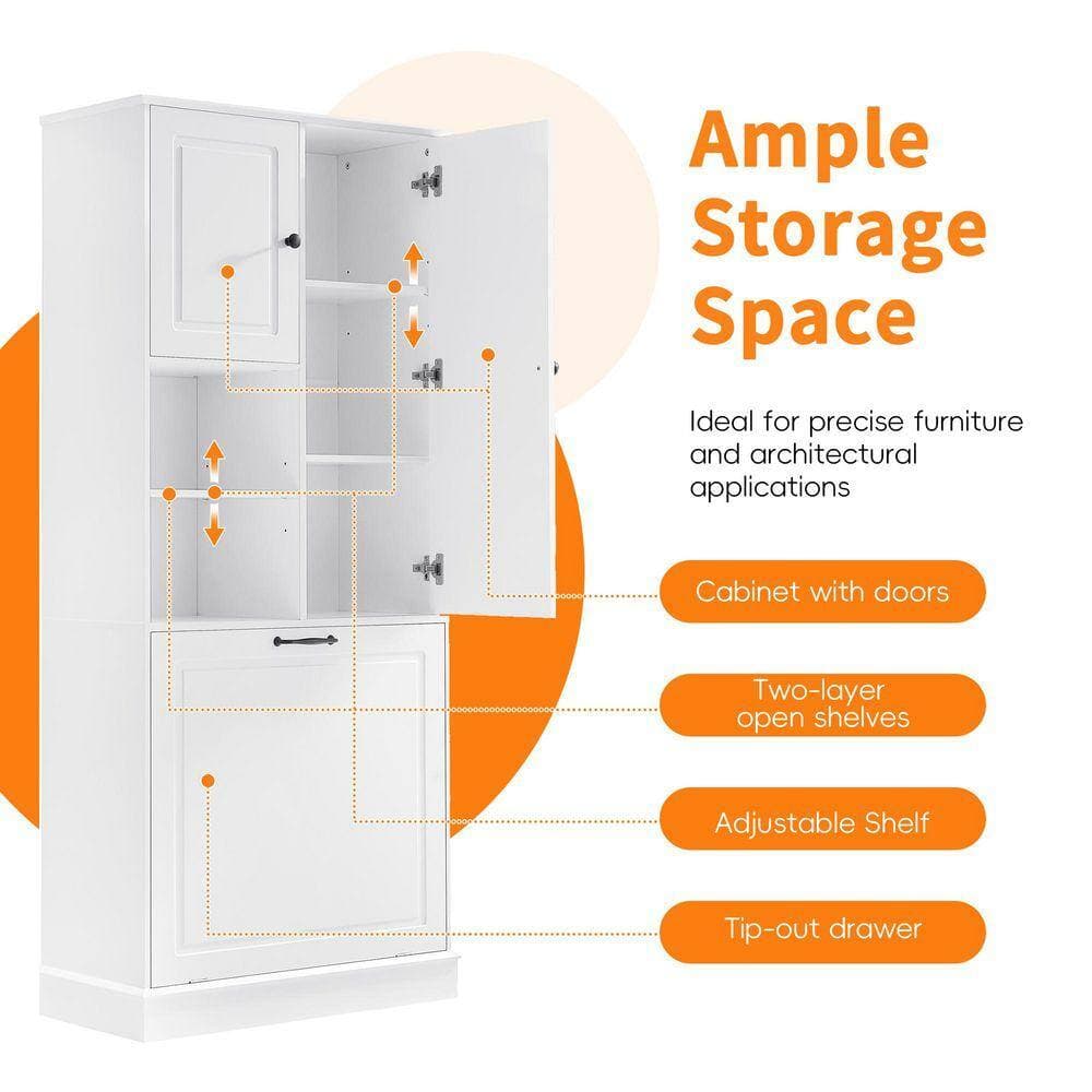 AOPSPS 29.90 in. W x 14.20 in. D x 67.70 in. H Multi-Scene White Linen Cabinet with Large Tilt-Out Basket, Adjustable Shelves (3)