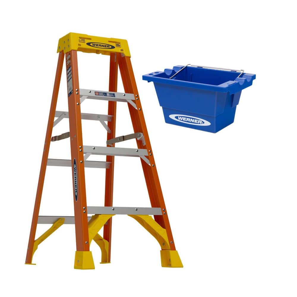 Werner 4 ft. Fiberglass Step Ladder with 300 lbs. Load Capacity Type IA Duty Rating and Lock-in Job Bucket Accessory