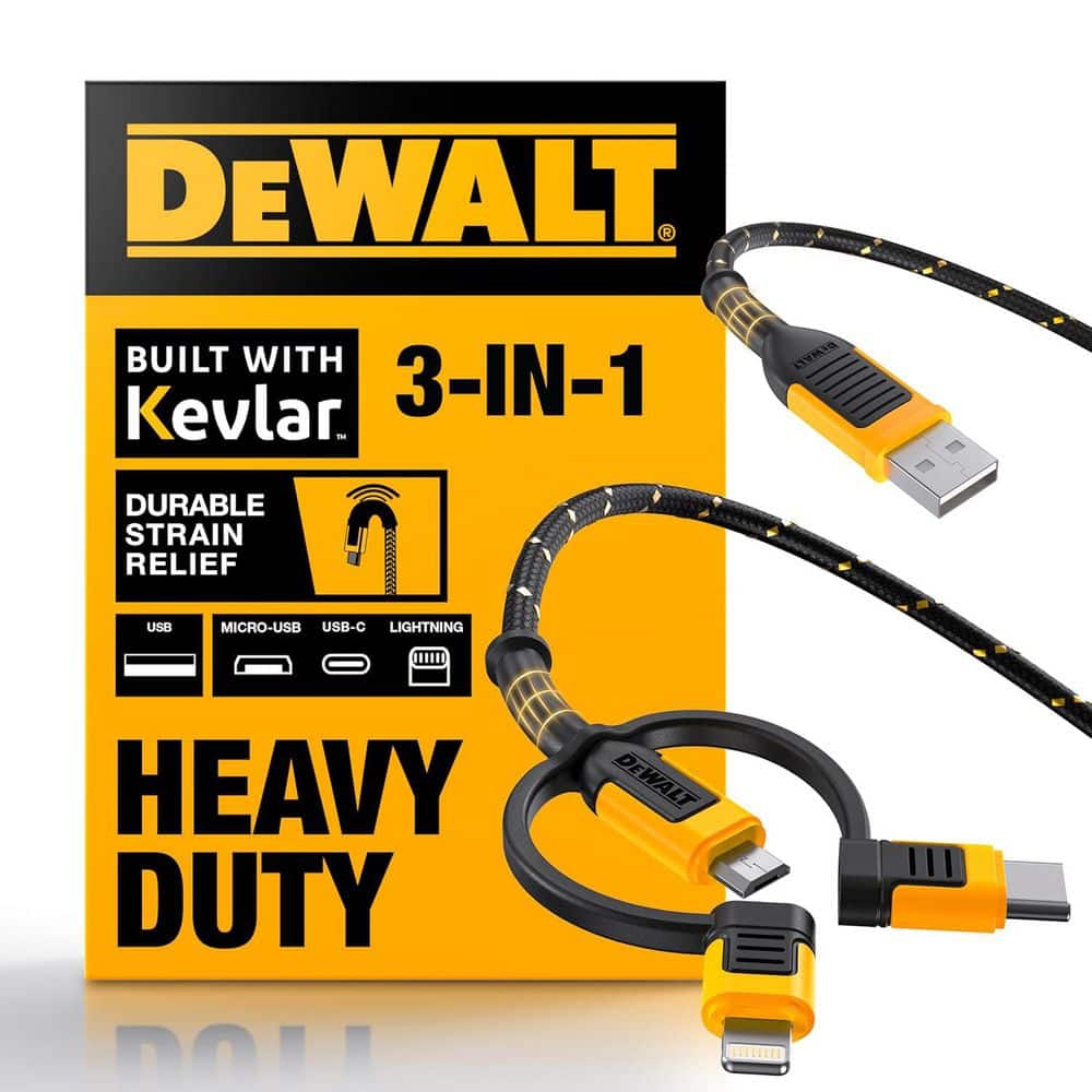 DEWALT Reinforced 3-In-1 Cable for Lightning, USB-C and Micro-USB
