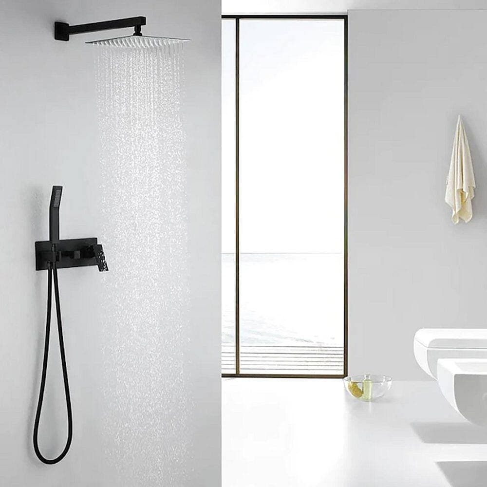 BEARSOLIM Shower Faucet Set system Brass Matte Black 1 Jet 10 in. Rainfall Shower Head with Rough-in Valve Included in Black (2)