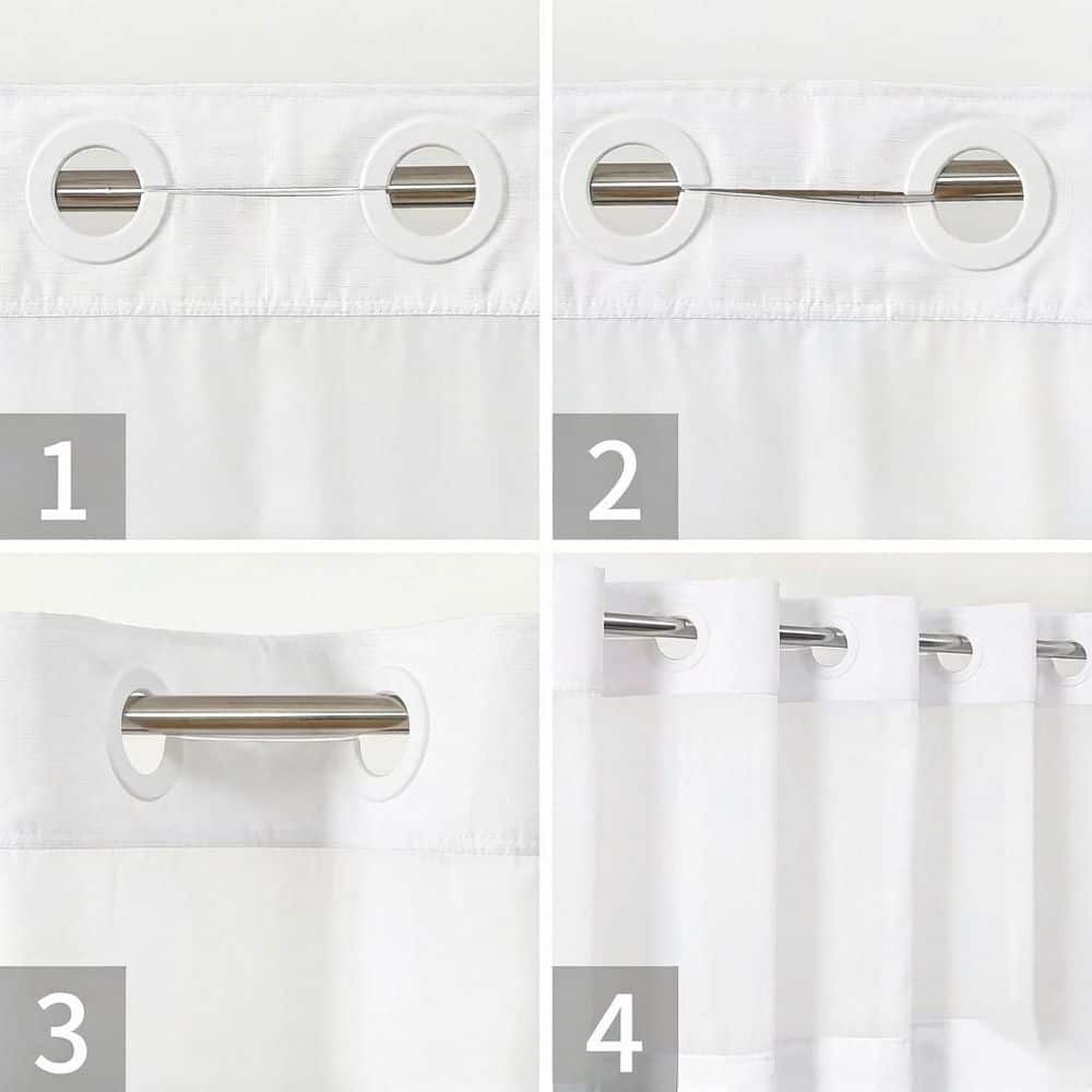Wudkey 74 in. W x 71 in. L Polyester No Hooks Needed Linen Textured Shower Curtain with Snap-in Fabric Liner Set in White (3)