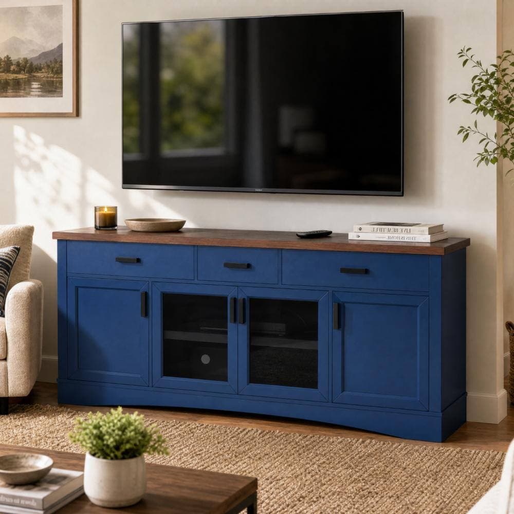 COWLOWN 67 in. W x 15.5 in. D x 29.25 in. H Blue Linen Cabinet with TV Stand, Glass Doors & Storage Drawers, Adjustable Shelves (2)