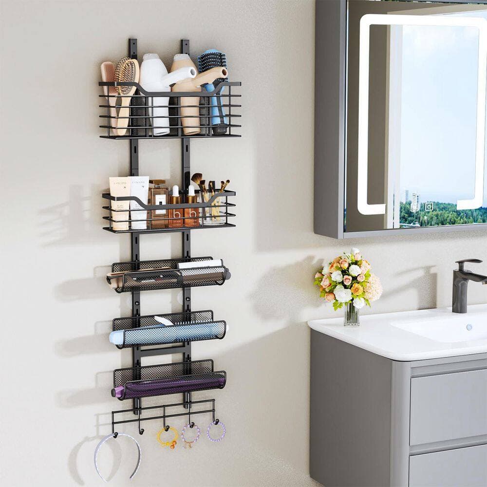 Numhew Multi-layer 14.37 in. W Over Door and Wall Mount Hair Tool Organizer with Hook for Curling, Blow Dryer in Black Finish (3)