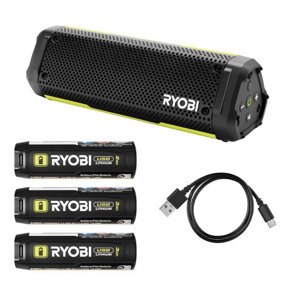 RYOBI USB Lithium Cordless Bluetooth Charging Speaker Kit with 2.0 Ah Battery and 3.0 Ah Battery