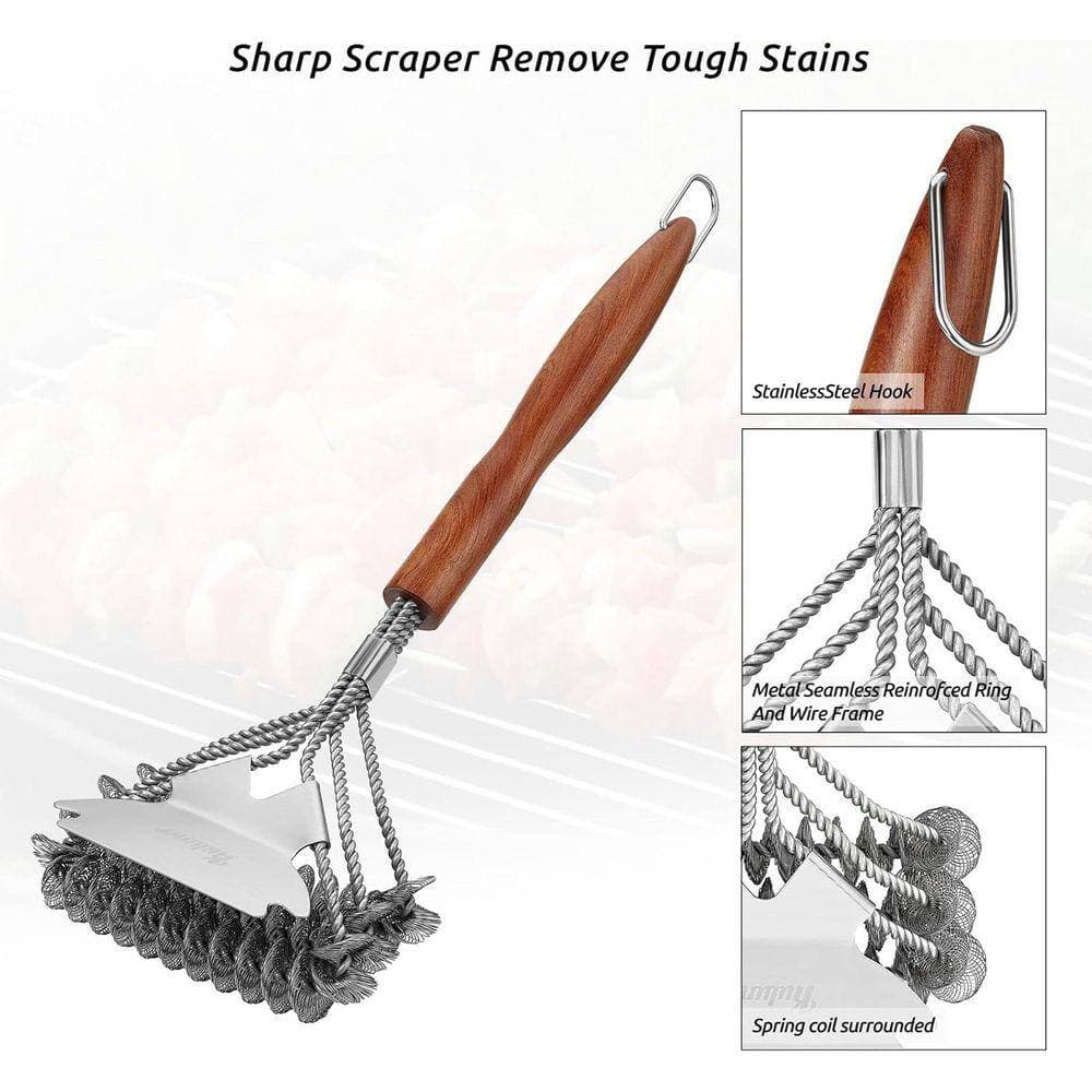 KIWDZFU Bristle-Free BBQ Cleaning Brush with Wooden Handle Multifunctional Scraper for All Types of Grills (2)