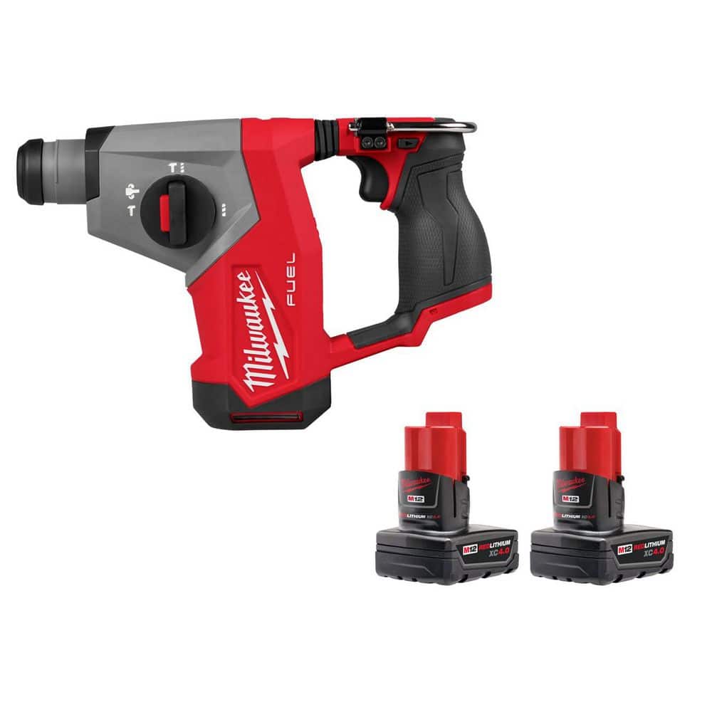 Milwaukee M12 FUEL 12V Lithium-Ion Brushless Cordless 5/8 in. SDS-Plus Rotary Hammer Drill, and 4. 0Ah (2-Pack) (1)