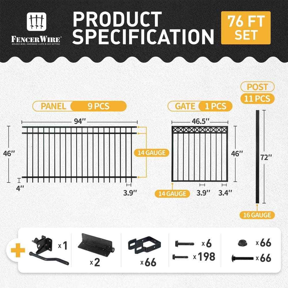 Fencer Wire 4 ft. x 8 ft. Black Steel Spaced Bar Flat Top Metal Fence Panel with Decorative Fence Gate(Set of 76 ft. ) (3)