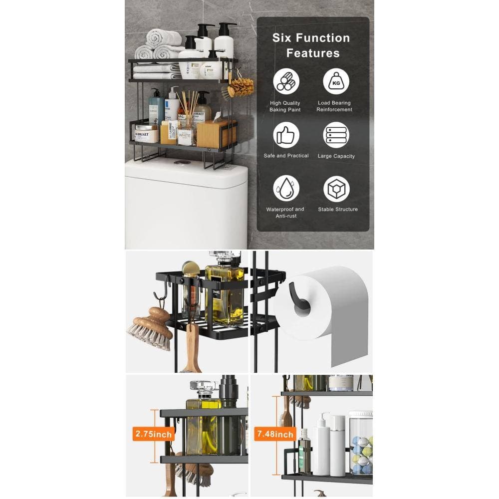 Whatseaso 12.52 in. W 13.98 in. H x 6.14 in. D 2-Tier Bathroom Storage Over The Toilet Storage Shelf Carbon Steel in Black (2)