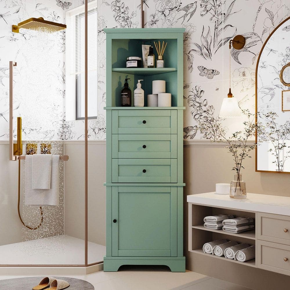 Coporesell 23 in. W x 13 in. D x 69 in. H Green MDF Linen Cabinet w/3-Drawers and Adjustable Shelves in Green (1)