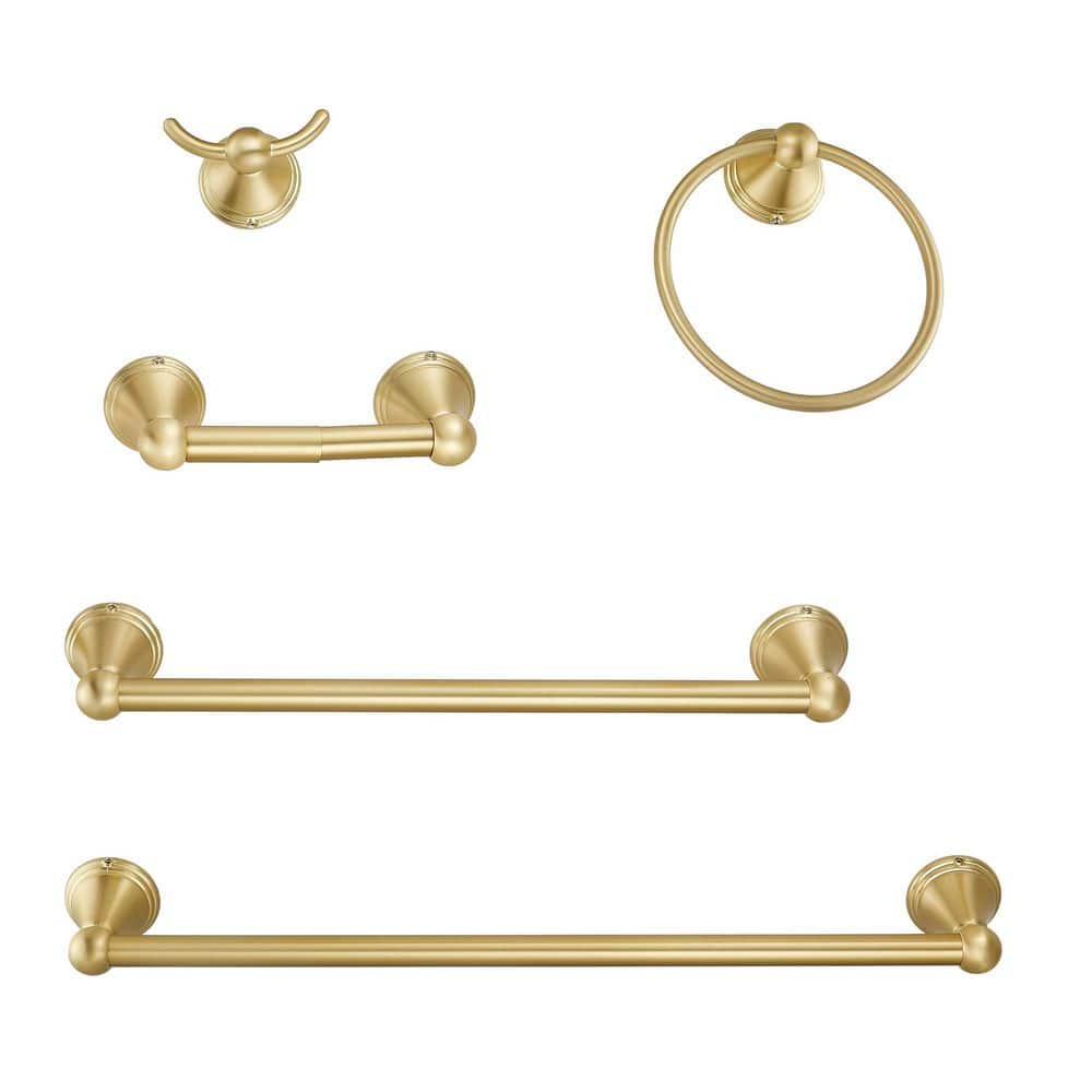 KHKFY 5-Piece Brushed Gold Bathroom Hardware Set, 20 In and 16 In Towel Bars with Towel Ring, Toilet Paper Holder and Hook (1)