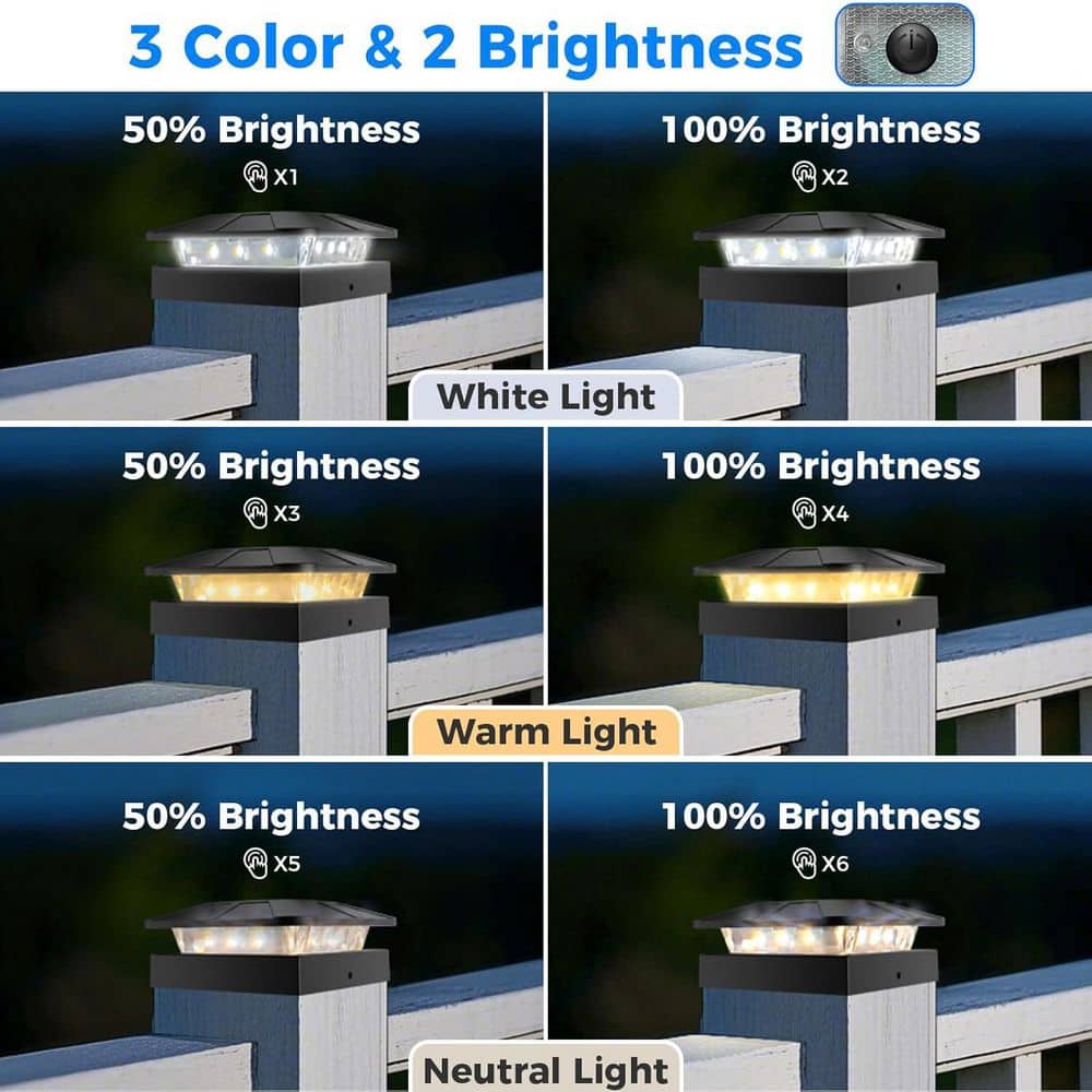 Afoxsos 4 x 4 in. LED Solar Post Cap Lights Outdoor Waterproof with 3 Modes for Wood/Vinyl Fence Deck Railing Mailbox 2 Pack (3)