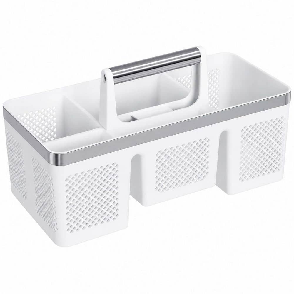 Wudkey College Dorm Portable Hard Plastic Shower Tote with 4 Compartments, Handle & All-Side Drainage Shower Caddy in White (1)