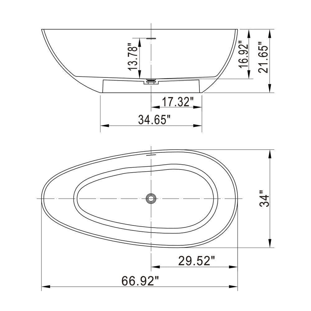 LIVACA 66.9 in. x 34 in. Solid Surface Freestanding Soaking Bathtub with Center Drain in Matte White (2)