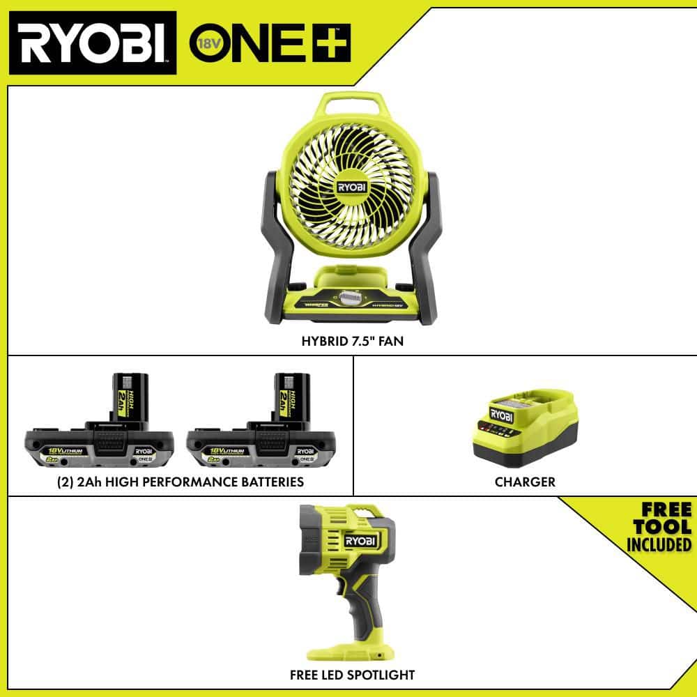 RYOBI ONE+ 18V Cordless Hybrid 7.5 in. Fan Kit w/ (2) 2Ah Batteries, Charger, w/ FREE ONE+ 18V Cordless LED Spotlight (2)