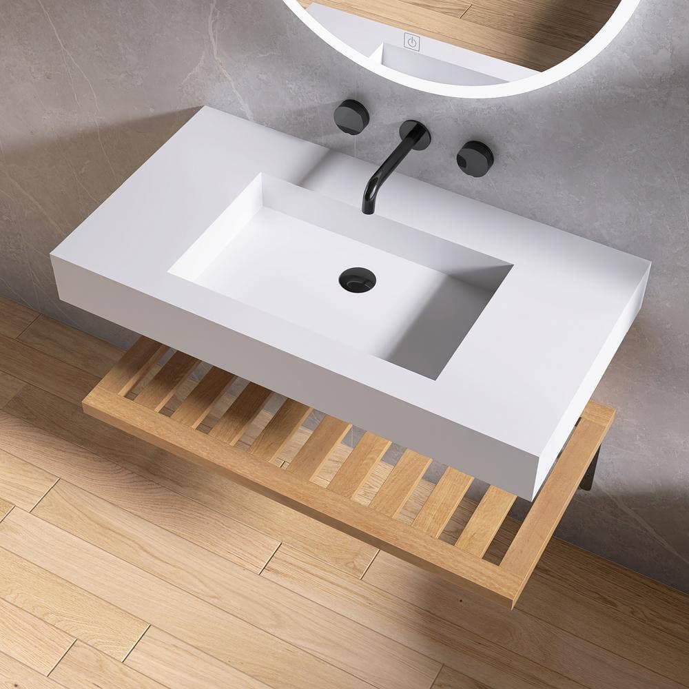 MEDUNJESS 35 in. x 19 in. x 4 in. White Solid Surface Wall-Mounted Bathroom Vessel Sink with Plywood Shelf (3)