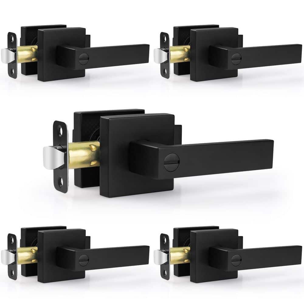 Wudkey 5-Piece Door Lever Lock Set in Matte Black, Heavy Duty Square Door Handle, Interior Privacy Lock for Bedroom Bathroom (1)