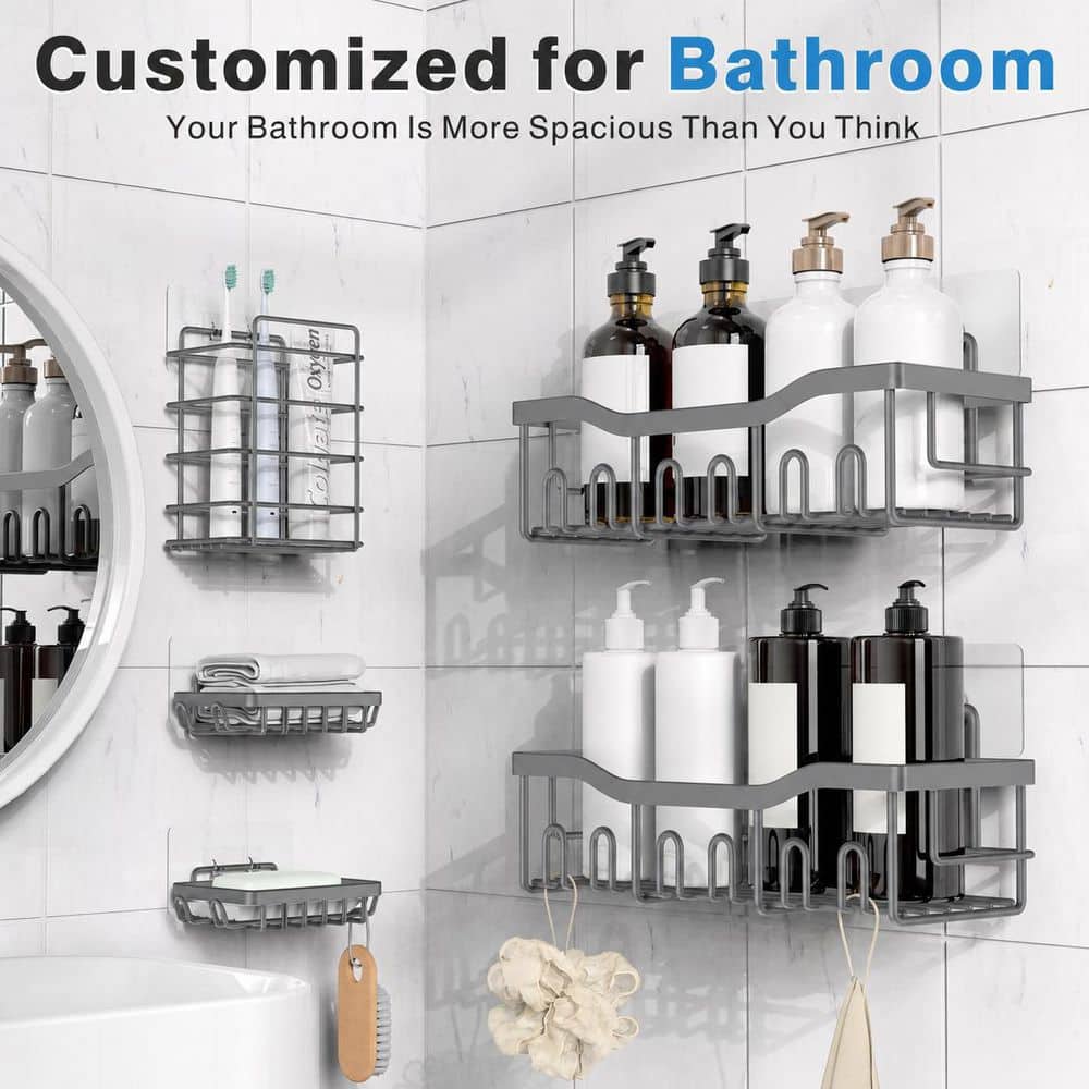 Anqtovp Wall Mount Adhesive Rustproof Stainless Steel 5 Pack Shower Caddy Set with Soap Holder in Dark Grey (2)
