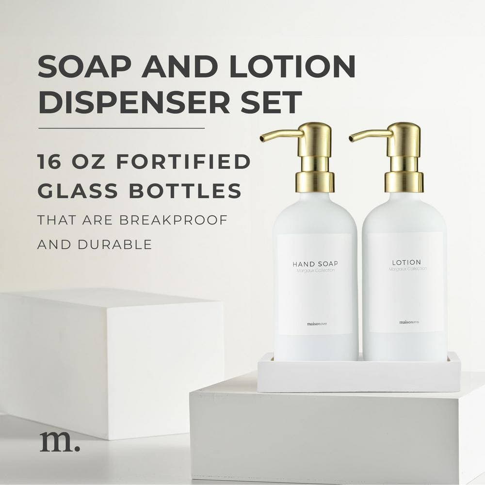 Adrinfly 2-Pieces, Glass Hand Soap and Lotion Dispenser with Hand Made Concrete Tray in White Bottles and Gold Pumps (2)
