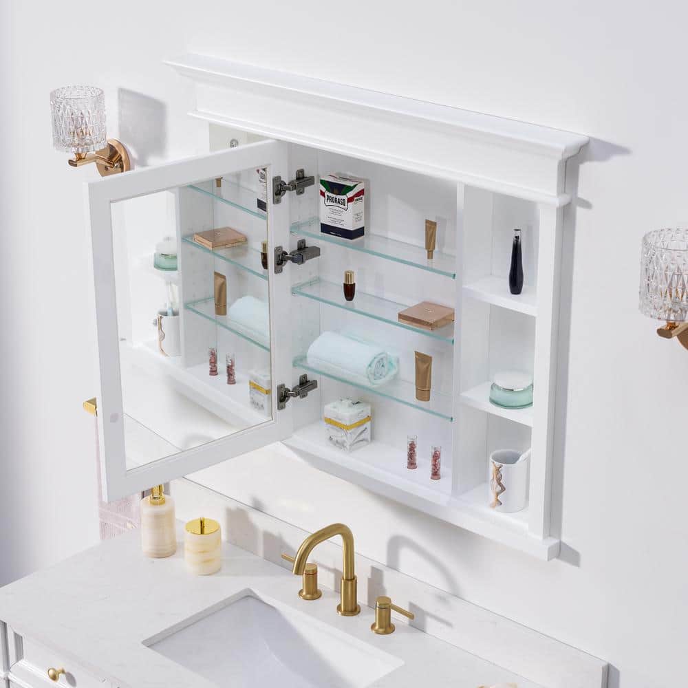 WELLFOR 40 in. W x 32 in. H Rectangular White Solid Wood Framed Recessed Mount Soft Close Door Medicine Cabinet with Mirror (3)