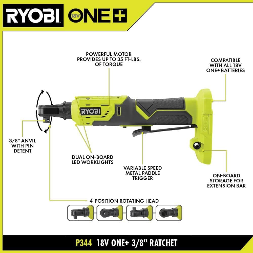 RYOBI ONE+ 18V Cordless 3/8 in. Ratchet Kit with 2.0 Ah Battery, 4.0 Ah Battery, and Charger (3)