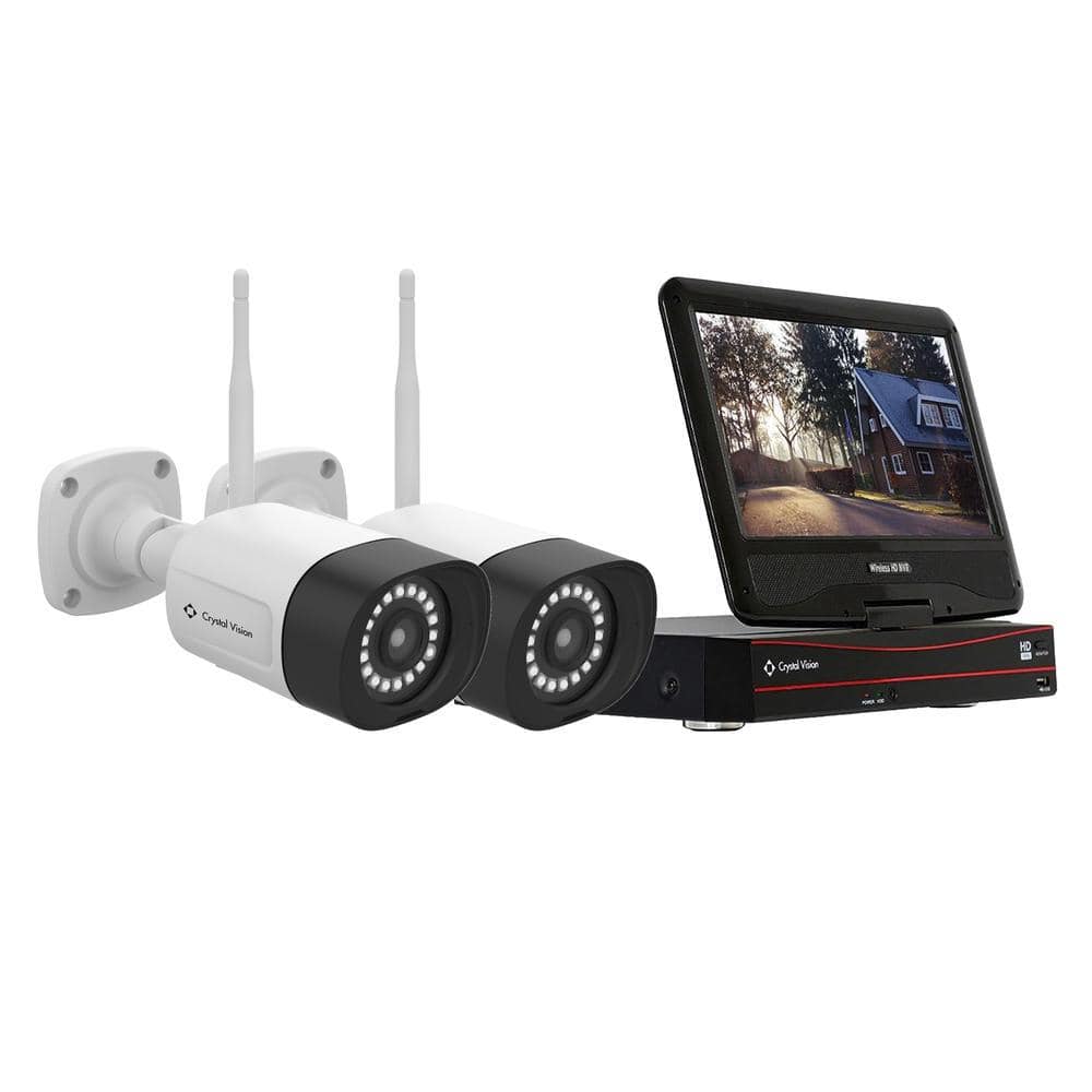 Crystal Vision 8CH Wireless NVR Surveillance Kit w/10.1Monitor, 2x 3MP Super Bright 18-LEDFloodlight Audio Panic Siren Cameras(1TB SSD) (1)