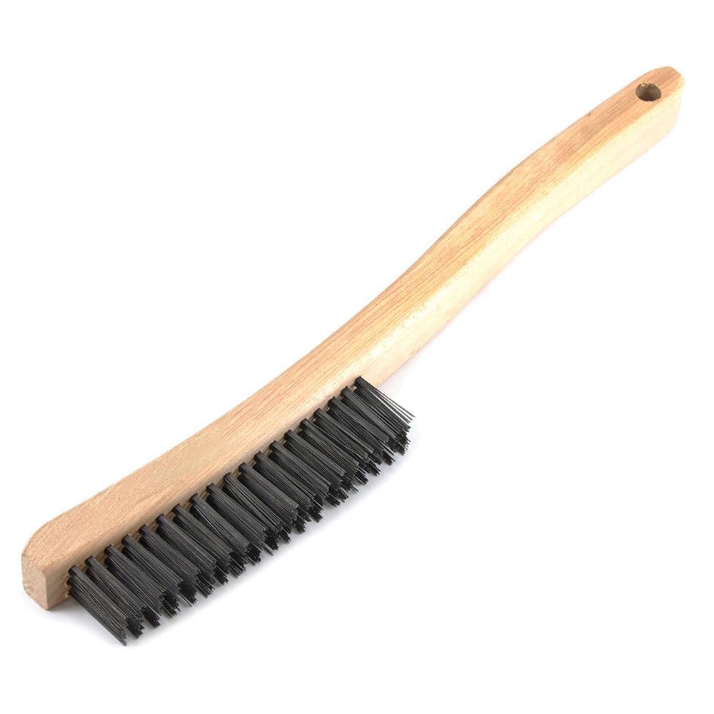RIDGID Carbon Steel Scratch Brush with Extended Wooden Handle, 3 x 19 Carbon Steel Bristle Rows