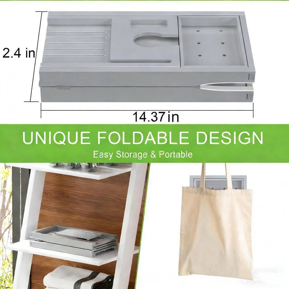 Wudkey 28.5 in. to 39.8 in. Expandable Bamboo Bathtub Tray, Foldable Bathroom Tray with Book and Wine Glass Holder in Gray (3)
