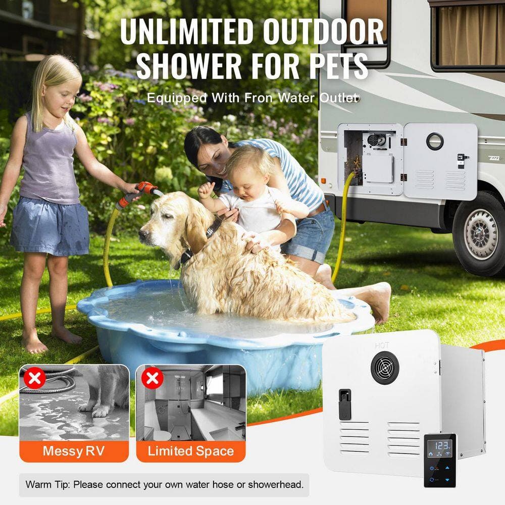 SKYSHALO RV Tankless Water Heater, Instant Shower with 15 x 15 in. White Door and Remote Controller, 65000BTU Hot Water (3)
