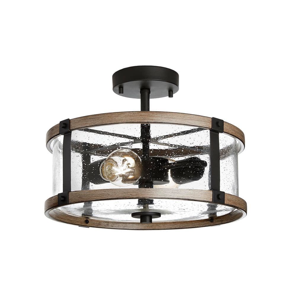 Hampton Bay Richland 2-Light Grey Wood Semi Flush Mount Clear Seedy Glass (3)