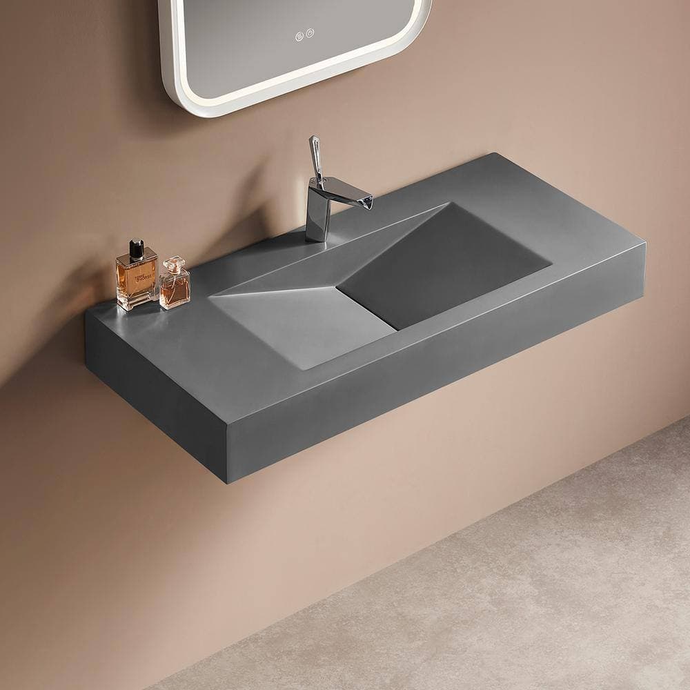 SERENE VALLEY 36 in. Wall Mount or Countertop Bathroom Sink V-Shape Drain Solid Surface Material in Matte Gray (2)