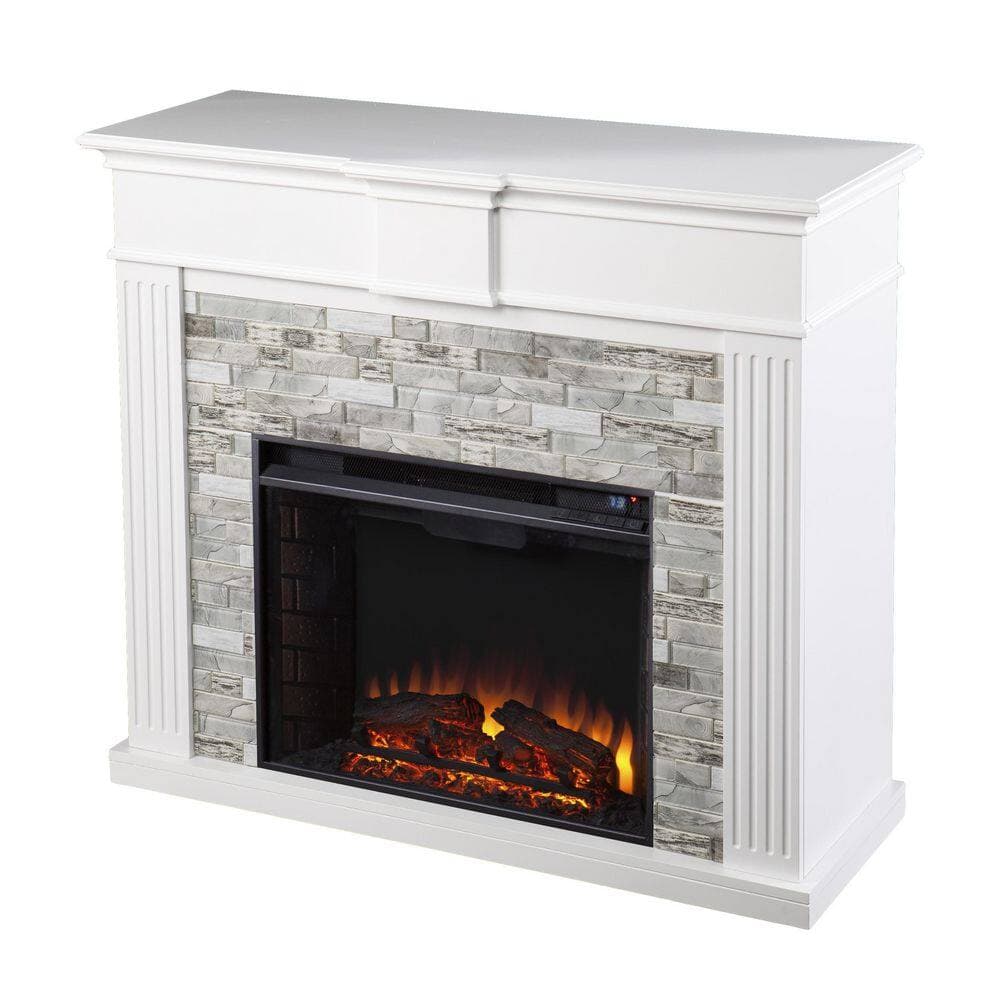 SEI FURNITURE Bondale 41.75 in. Freestanding Wooden Electric Fireplace with Faux Stone Surround in White (3)