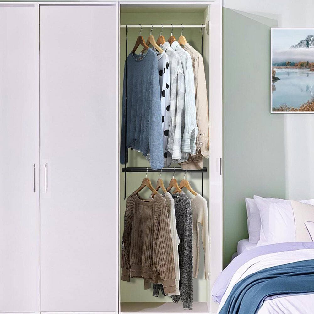 Wudkey 2-Pack Hanging Closet Rod, Adjustable Width and Height Closet Hanging Organizer, Black (2)