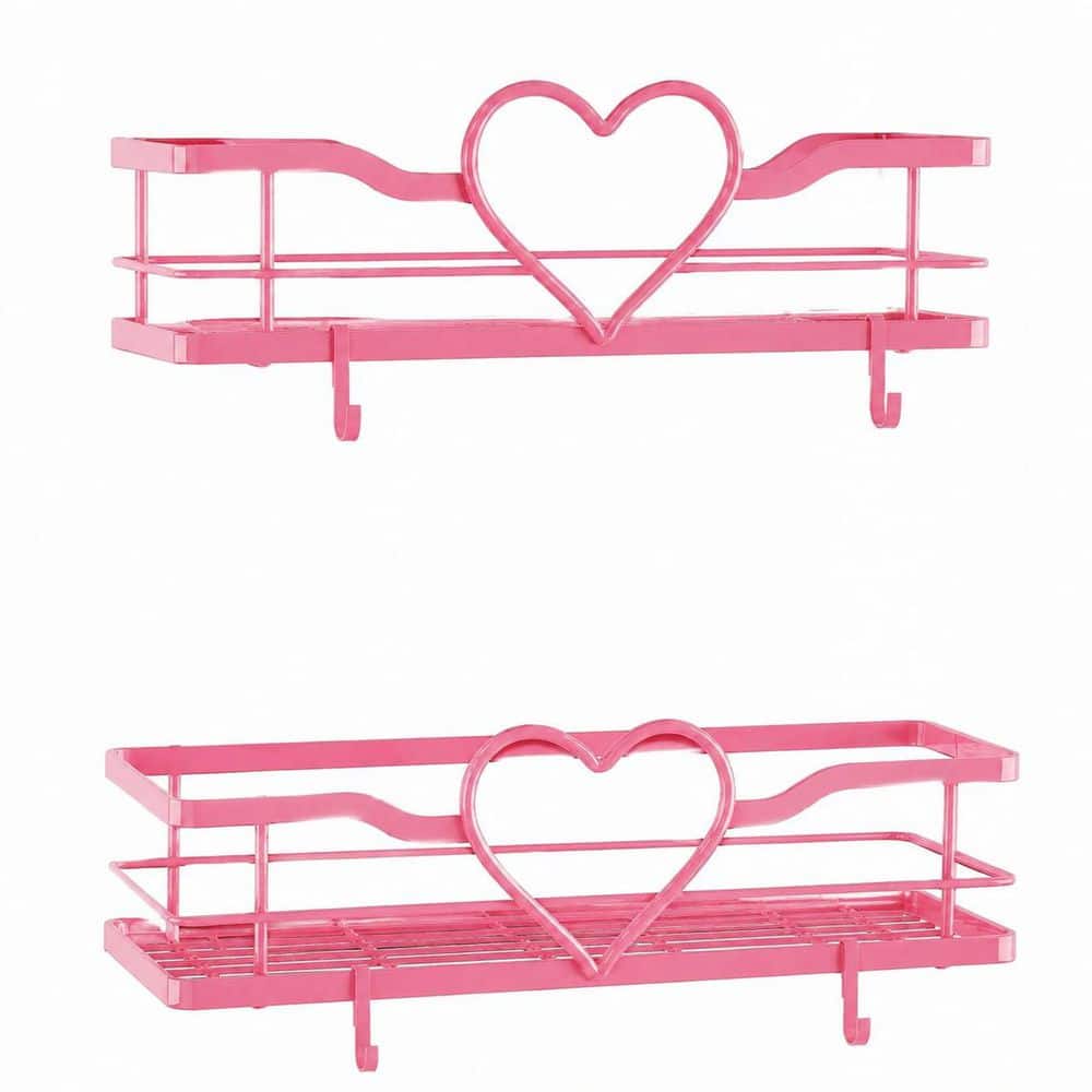 Unbranded Brushed Nickel 2 Pack Pink Finish Heart Adhesive Shower Caddy No Drilling Waterproof Metal Bath Organizer Shelf (1)