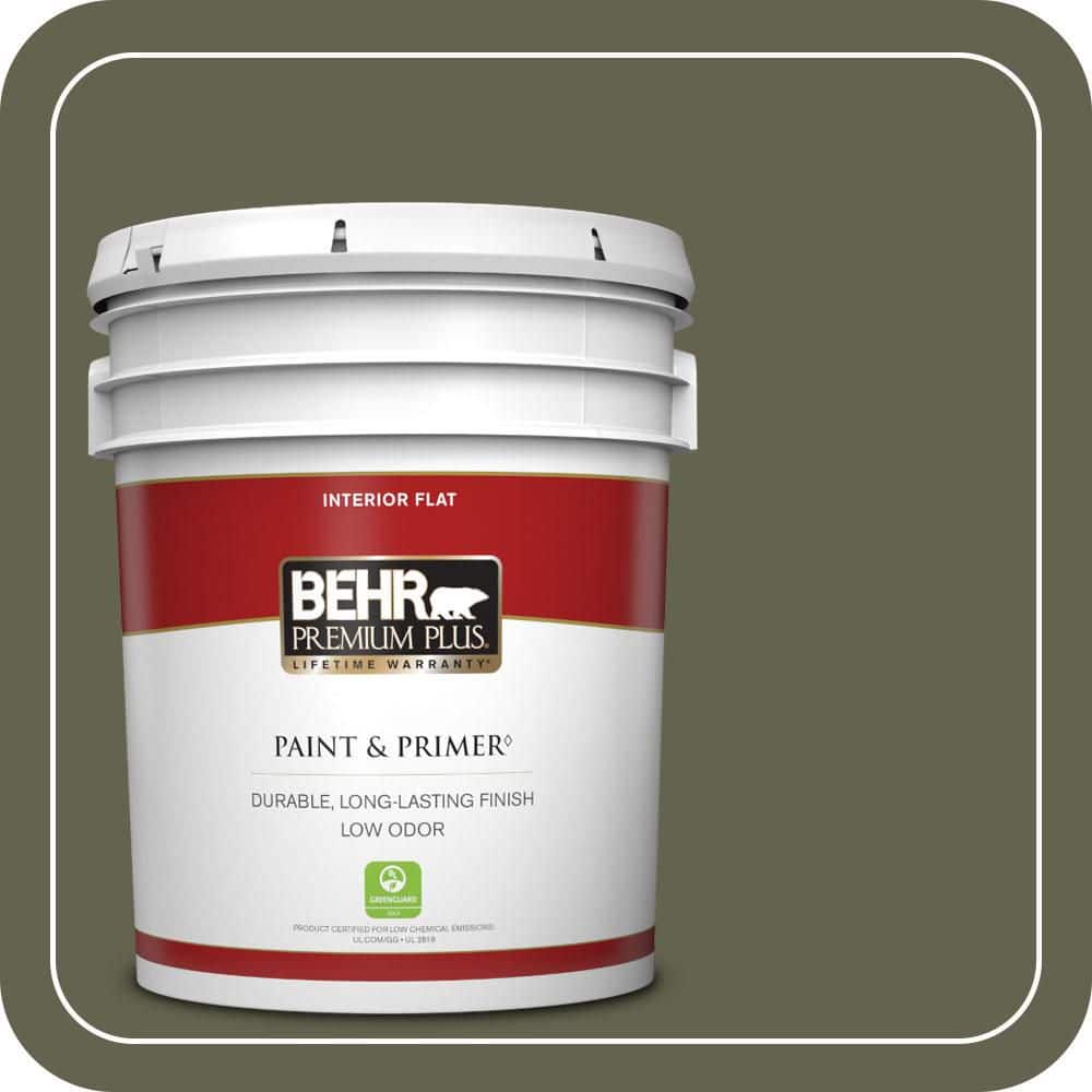 BEHR PREMIUM PLUS 5 gal. #N350-7A Mountain Olive Flat Low Odor Interior Paint & Primer