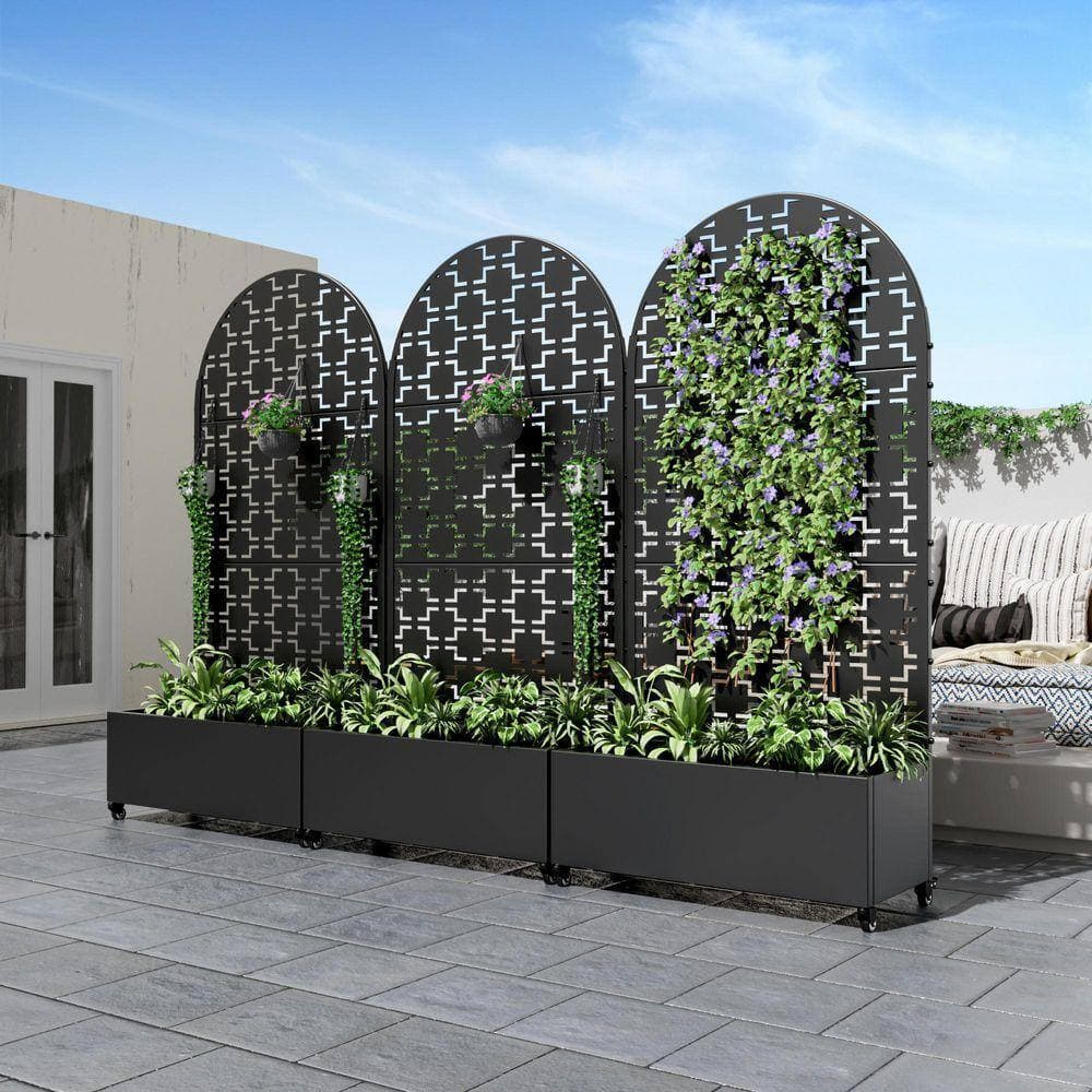 Lirago 72 in. H x 35 in. W Arch Black Outdoor Metal Privacy Screen Planter Box Wall Decor in Quadrilateral Pattern (3)
