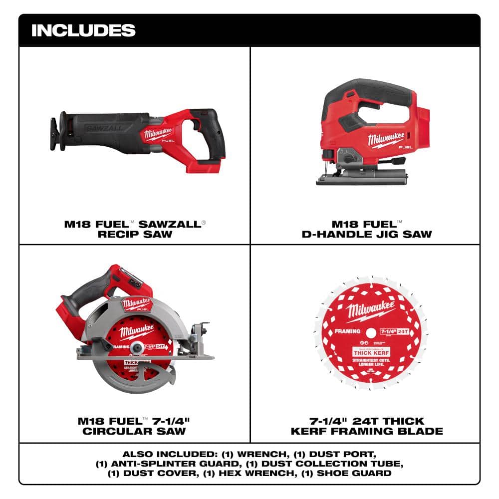 Milwaukee M18 FUEL 18V Lith-Ion Brushless Cordless 7-1/4 in. Circular Saw w/ Recip Saw & Jig Saw (2)