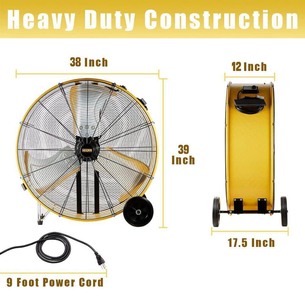 WOCK HICFM 36 in. Yellow Industrial Drum Fan, 21100 CFM, 2-Speed, 4/5 HP, Heavy Duty, Casters and Handle,Warehouse and Garage (3)